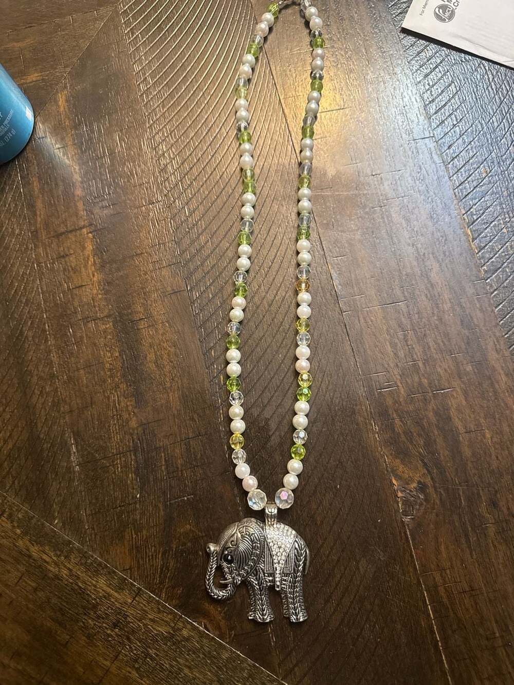 Silver Tone Rhinestone Elephant Pendant Beaded Necklace with Faux Pearls and Gre